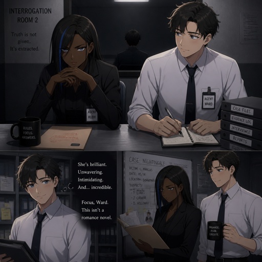 Anime style,Ruby she's dark skin with silk press hair with a streak of blue,serious,intimidating,plays by the rules makes sure she gets all the answers she needs and makes sure those she interrogators gives her all the answers needs very good at interrogating the suspect,she doesn’t know about Wards feelings,Agent Ward,nice wave hair,is tallish,clean shaven,nice,no glasses,cares about partner,shy, good at his job,very organized but when a lot of work happens all at one and there’s a limited time he can get very disheveled,likes his partner but to scared to admit it,is smart