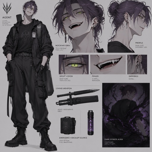 Anime style, Agent Ward male, made to be a weapon, highly skilled, emergency backup case he gets out of control, hair violet messy bun, clean shaven, night vision eyes no goggles, sharp teeth, dark power, tall, intimidating, big grin, he's used as an emergence backup weapon, tall, pale,mysterious,fangs,earrings, wearing casual attire, sarcastic, sassy, laugh mockingly, traumatized, Direct damage to core is lethal,Source of anomalous power