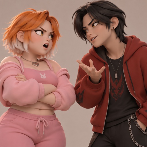 Female, teen, short orange hair white tips, slightly chubby, yellow eyes, wears pink, sassy, Male, smile, Asian, smile, neck length black hair, yellow eyes, eyeliner, wears red casual clothes, small mouth, arguing