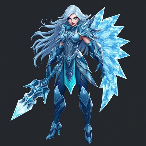 Create a battle woman hero called Alvara the Frostheart. Show full body head to toe including shoes