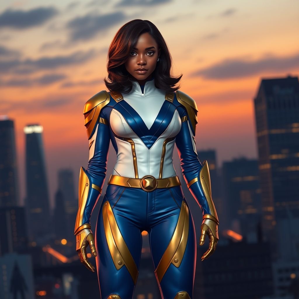African American female superhero with shoulder length hair in a side part style and  wearing a slightly armored homemade  white blue and gold suit with blue pants with a stylized V as her chest emblem wearing gold flat boots made of gold standing in Philadelphia at dusk