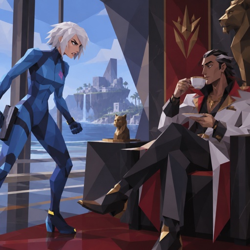Samus Aran zero suit, angry at Kado Thorne from Fortnite white hair, he’s sitting on a chair sipping tea