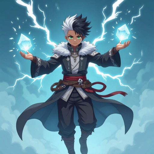 A full body picture of a 15 year old black male with a kind of covered white undercut and green eyes. Give him a gray mage/assassin outfit with fur. Have him floating surrounded by lightning bolts. Give him a crystal that floats from his upside down left hand 