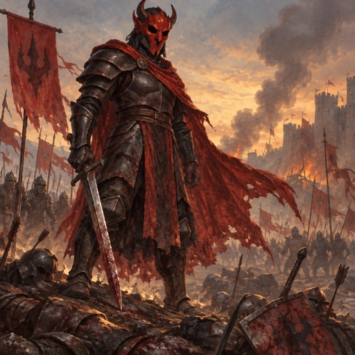 a painting of a knight standing in front of a group of people