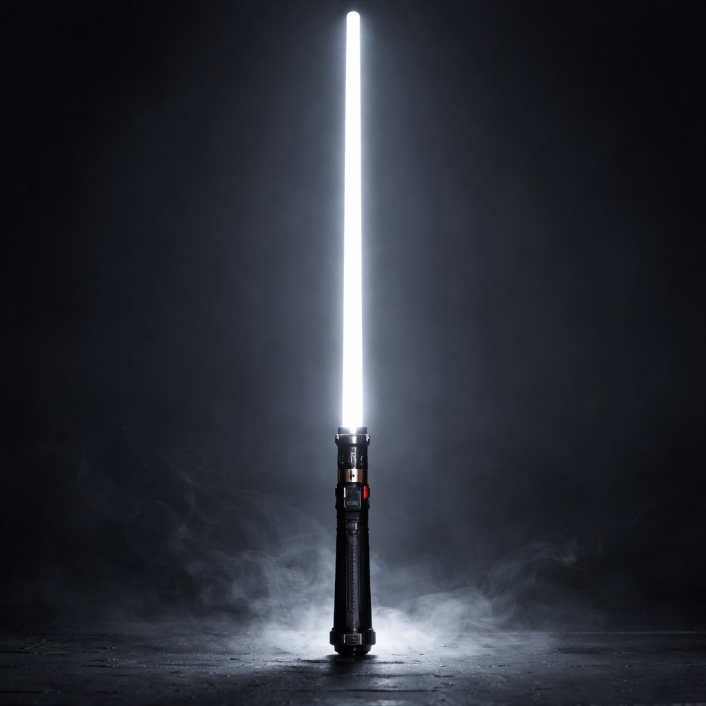 A grey lightsaber with a black hilt