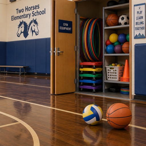 Two Horses Elementary School, Colorful Gym Hoops, Gym Closet, Colorful Gym Skateboards, Gym Sports Ball, Volleyball Colors, Basketball Colors