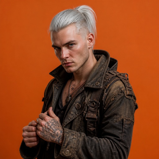 Male, 24, short white ponytail shaved side hair, serious , mercenary clothes, wolf tattoo on hand, orange 