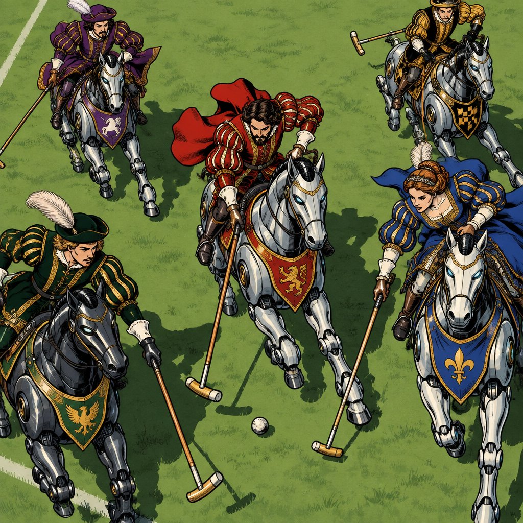 No print dots no speech bubbles vivid colours a group of people dressed in ornate Renaissance robes riding robot style horses, and they are playing polo. We see them from above as a drone shot.