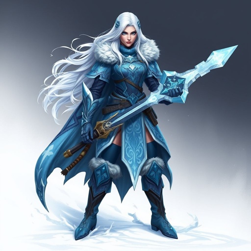 Create a battle woman hero called Alvara the Frostheart. Show full body head to toe including shoes 