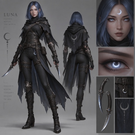 assassin name luna, moon eyes, moon mark, blue long bob