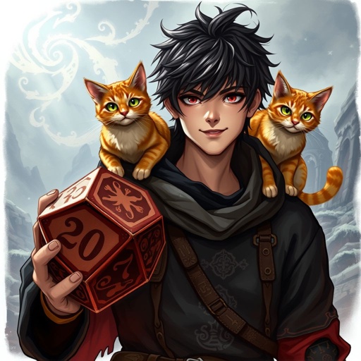 A guy with dark brown hair who holds epic looking dices normal size with 20 sides in one hand, he wears a black hoodie and he has 1 orange cat with pretty design at his shoulder, and has a small smile, his nails are not painted