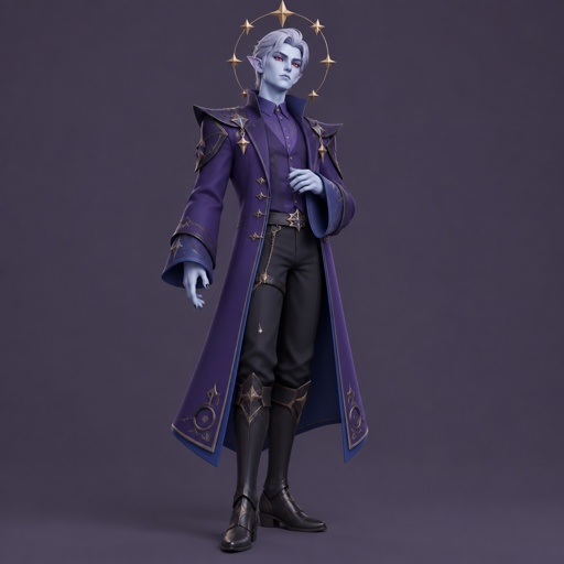Male, short silver brushed back hair pointy, light blue skin, completely full red eyes, halo of gold stars surrounding head, purple long coat buttoned up, purple shirt and collar, shirt sleeves over palms, tall boots, black pants, blue details on clothes, pointy shoulder pads dark purple