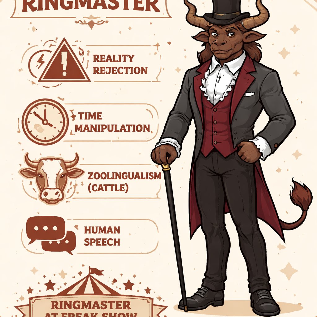 A captivating chestnut brown male Minotaur that’s 6 1/2 feet tall with well~proportioned figure/body with deep set cattle like brown eyes, large powerful gleaming horns like his fathers, a , long tail. He works at freak show as the ringmaster and his abilities are Reality Rejection, Time Manipulation (Chronokineses), Zoolingualism (Language of Cattle only), Human Speech. His outfit consists of a crimson tailcoat, frilly shirt, stunning grey blazer, black pants and top hat.