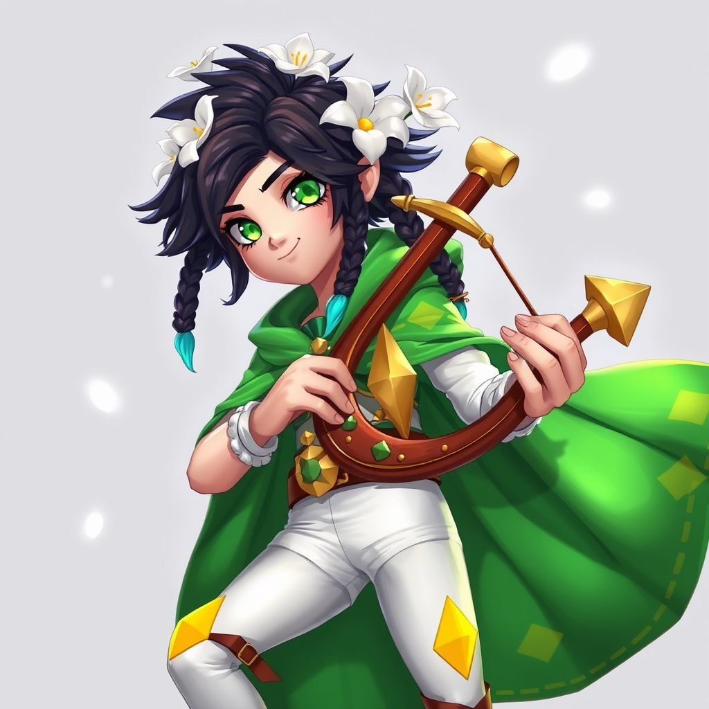 A teenage boy in the form of a bard wearing white tights with yellow diamonds on each leg, a green cape, black hair with braids and cyan tips, green eyes and pale skin and a small hat with white lilies playing the lyre