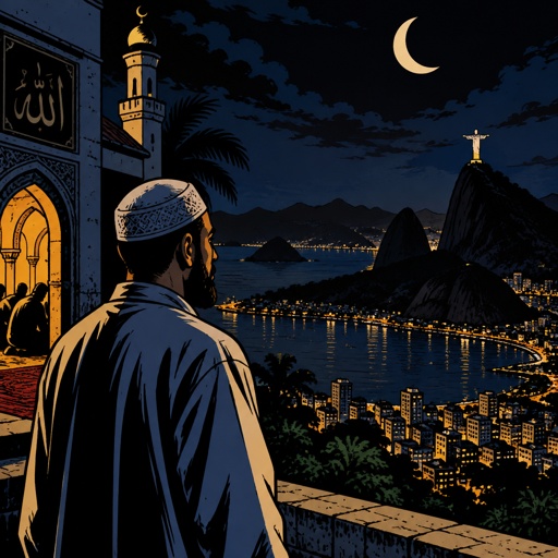 No speech bubbles no print dots, highly realistic, Islam, and South America late evening very dark