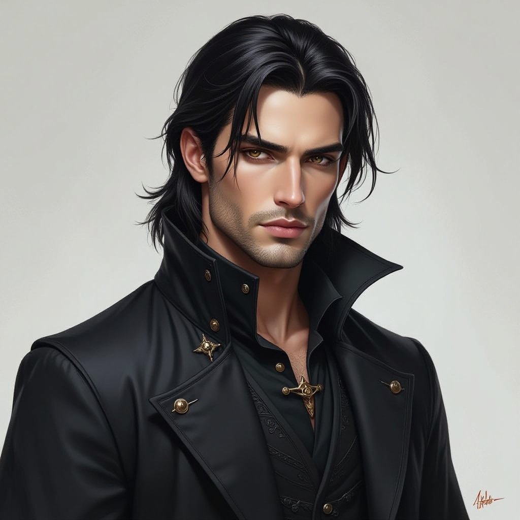 Male sorcerer, 31 years old, neutral skin tone, jet black hair slicked back, dark eyes, wearing a black duster with a popped collar