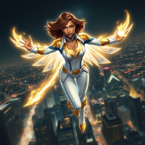 A teenage African American female superhero with brown hair with gold highlights in a shoulder length side part hairstyle with pure Gold Glowing eyes wearing a white suit with gold and royal blue with white pants and gold and white knee length boots with a utility belt with a gold V as her chest emblem with glowing wings made of white fire flying in Philadelphia