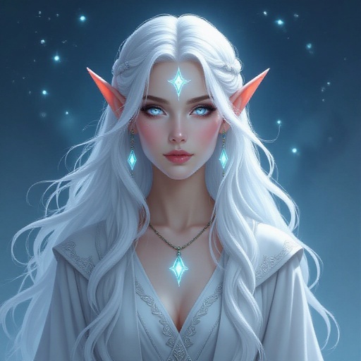 Female moon elf with long and wavy white hair and silver eyes. Her skin is light blue