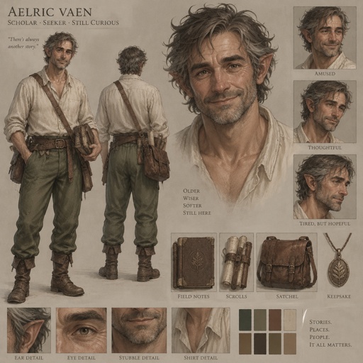 Character design sheet of a middle aged fae scholar, late forties-early 50s, subtle pointed ears, salt and pepper hair, slightly messy, stubble, straight nose, heavy brow, deep laugh lines, warm tired eyes, kind crooked smile, rumpled loose, linen, cream quarter length shirt and loose warm green pants. Lived-in face, expressive not glamorous, neutral background