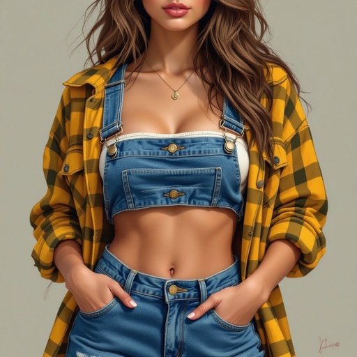 Light brown hair babe in denim unbuttoned daisy duke overalls and tube top. Green eyes Yellow unbuttoned flannel 