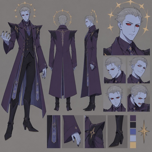 Male, grey short slick pointy pointy back hair, light blue skin, completely full red eyes, red eyes, halo of gold stars surrounding head, purple long coat buttoned up, purple shirt and collar, shirt sleeves over palms, tall boots, black pants, blue details on clothes, pointy shoulder pads dark purple, cartoon style