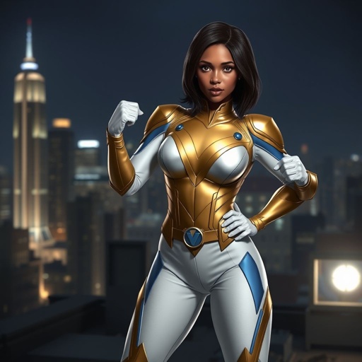 African American female superhero with shoulder length hair in a side part style wearing a slightly armored gold and white suit with blue accents with white pants and gold boots with a stylized V as her chest emblem  standing ona roof in a Philadelphia at night 