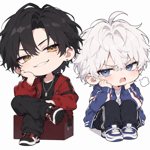 Male, Asian, neck length black hair, yellow eyes, eyeliner, wears red casual clothes, small mouth, male, fluffy white hair, big blue eyes, long smile, snobby, wears blue, whiny
