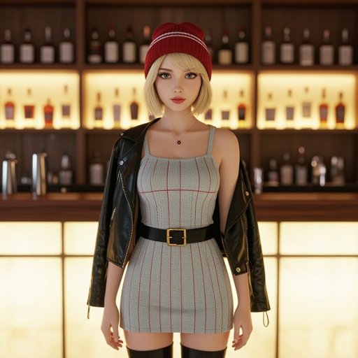 A semi-realistic, cinematic portrait of a young woman standing in a softly lit bar. She has a short blonde bob and expressive eyes beneath a red beanie with a thin horizontal white stripe. Her outfit features a light gray mini-dress patterned with thin vertical red and white stripes, cinched at the waist with a black belt and gold buckle. A black leather jacket hangs loosely off her shoulders, and she wears tall black boots. The warm bar lighting casts soft amber tones over wooden shelves lined with bottles, creating a cozy yet confident nighttime atmosphere that highlights her stylish poise.