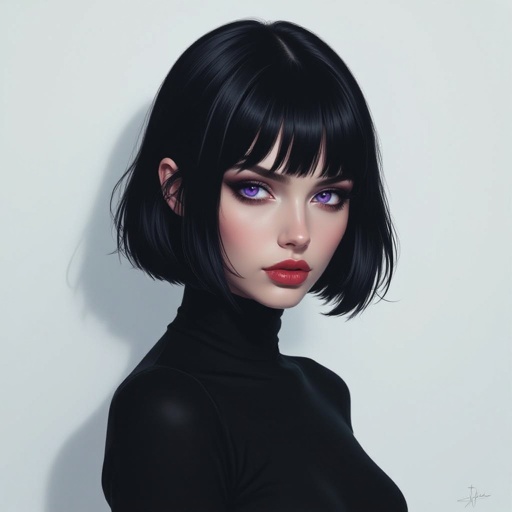 Show her entire body. Create mysterious woman jet-black hair is cut sharp to her jawline, and her violet eyes seem to pierce through darkness. A shadowy aura clings to her form, faint shapes shifting and flickering behind her like whispers of another realm. Show whole body head to toe