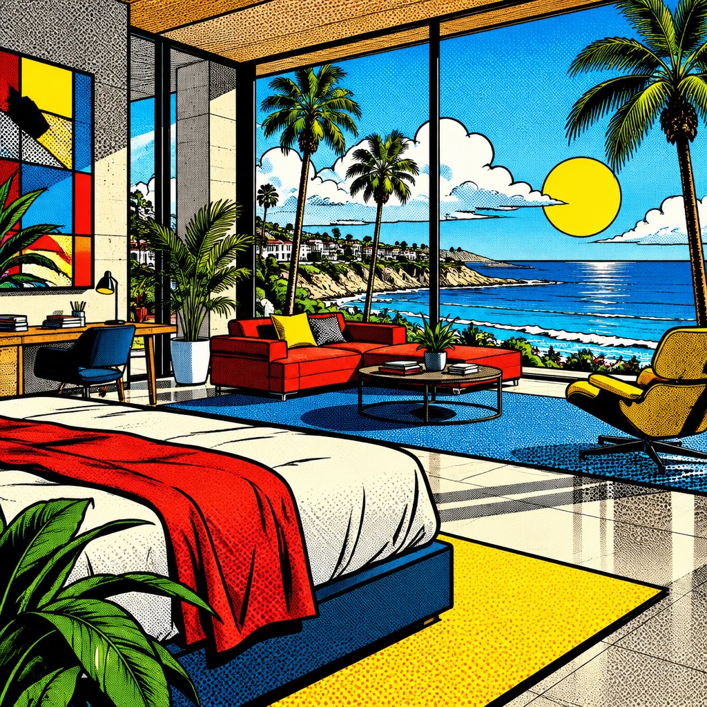 A large studio overlooking the sea with palm trees no speech bubbles no print, dots vivid colors, highly realistic