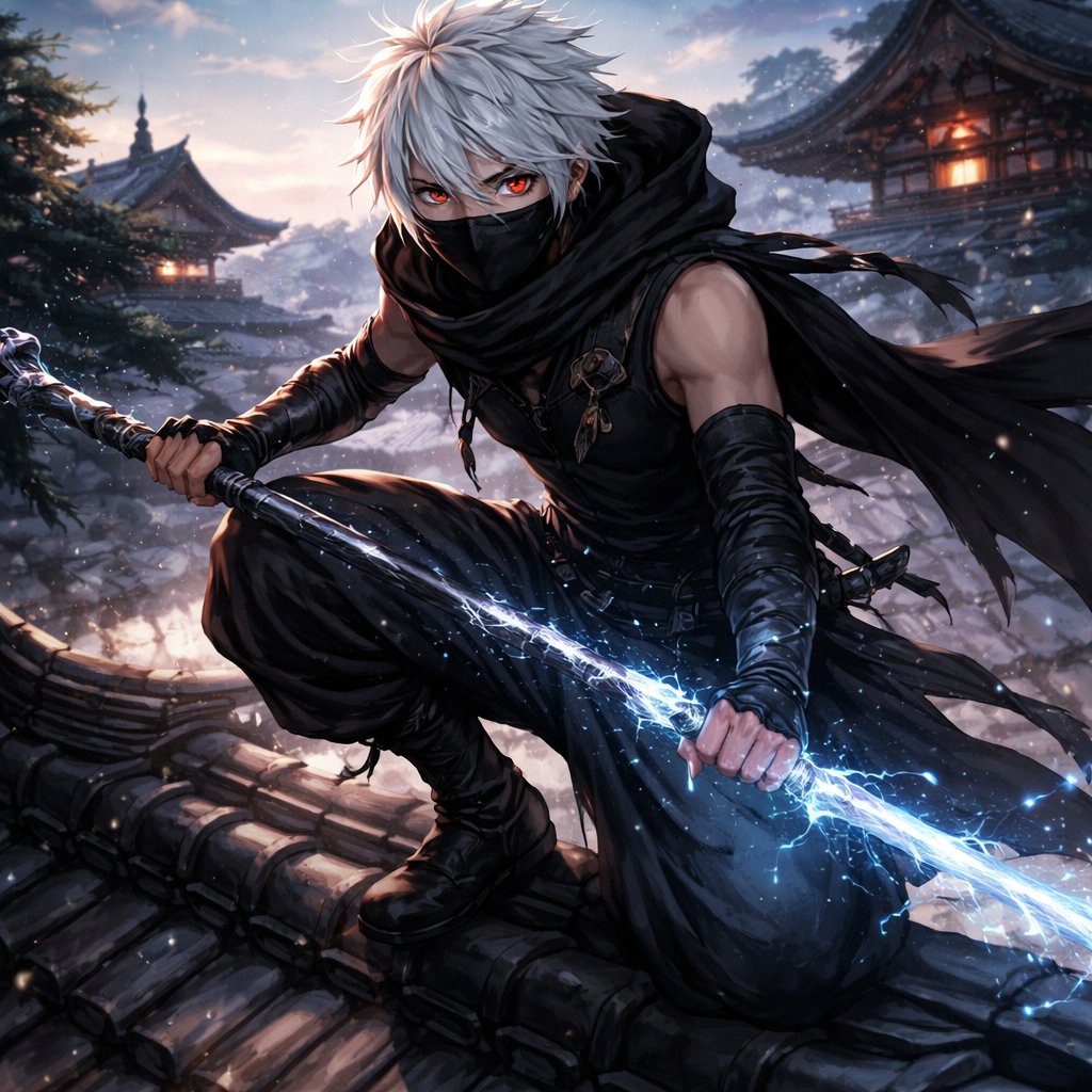 16, male, white hair, red eyes, wearing ragged black clothes with a tight top and baggy bottoms and a half mask that covers the mouth and nose, crouched on a Japanese rooftop in the 1600s, with a quaterstaff