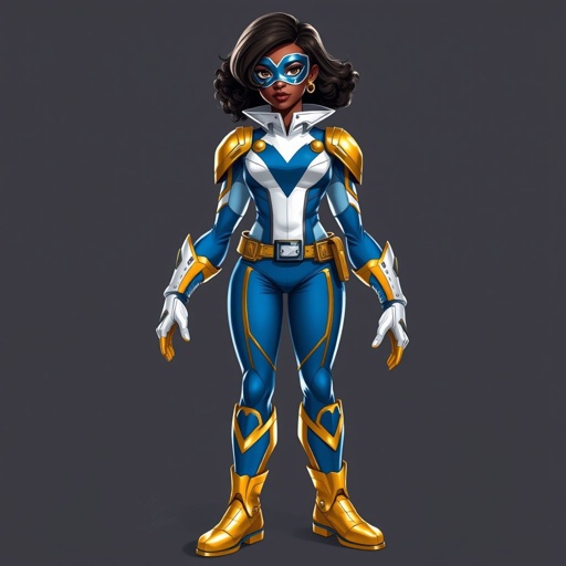 A teenage African American female with shoulder length curly hair  in a side part style superhero  wearing a  DOMINO MASK and a professionally made slightly armored white and blue suit with blue pants gold accents and a stylized V as her chest emblem a utility belt and gold boots