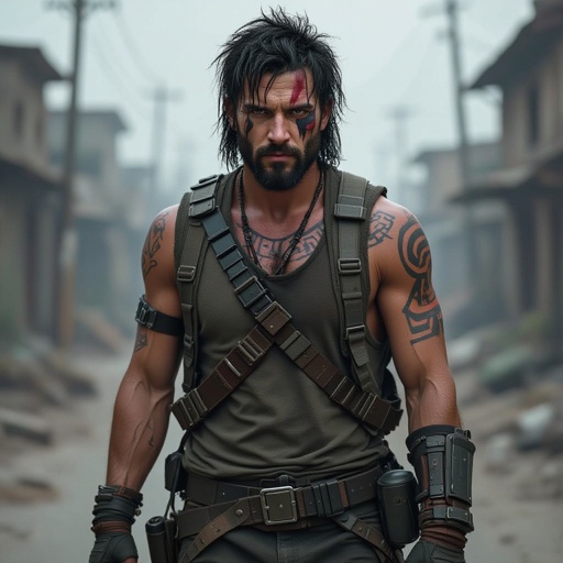 A man in his early thirties with black hair and facial hair and facial tattoos
