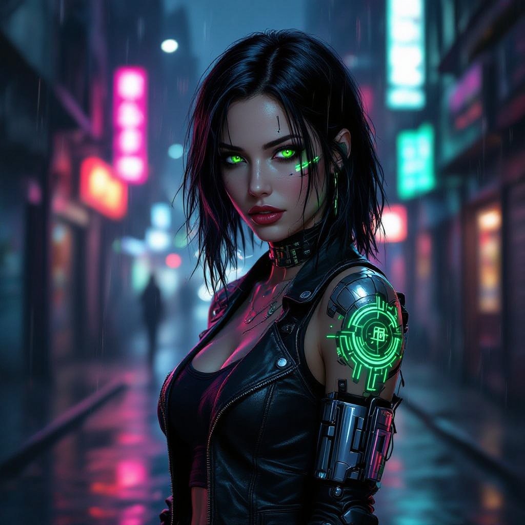 Mulher de cabelo preto e olhos verdes. Faça 3 modelos para apresentação do personagem (RPG)