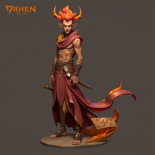 Create handsome hero  Rhen the Fire – A lean, muscular man. He wears layered, flowing desert robes dyed in warm reds and golds, with scorch marks where flames have licked them. A curved blade hangs at his hip.  Show whole body head to toe including her shoes.