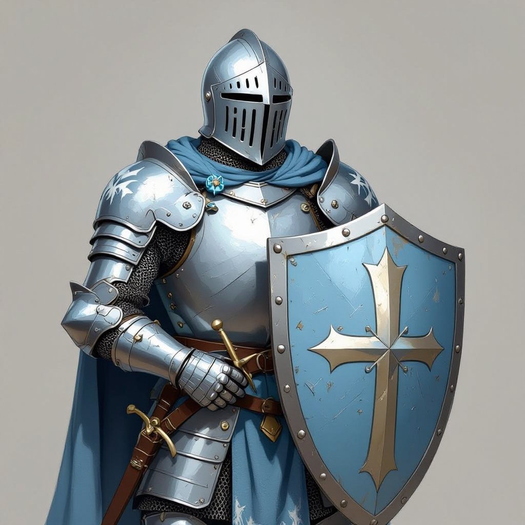 Knight, wearing light, blue and white armor, holding small metal shield