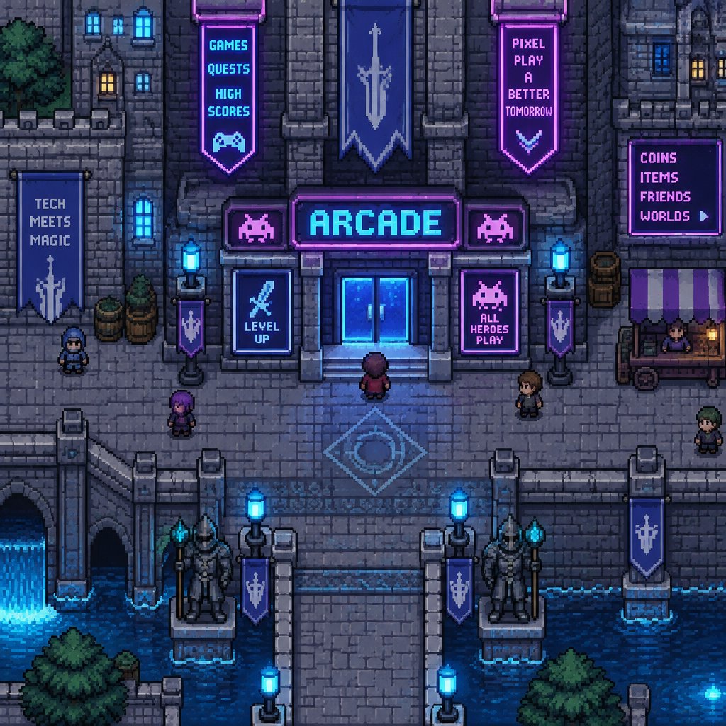 arcade for a futuristic fantasy city game, exterior, top down style