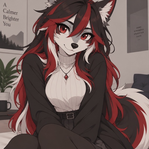 Wolf furry, long red black and white hair, modest clothes, 