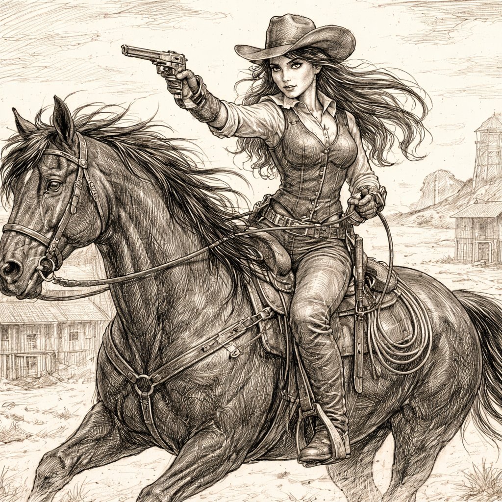 Cowgirl gunslinger with brown hair, black eyes riding big black stallion with western background