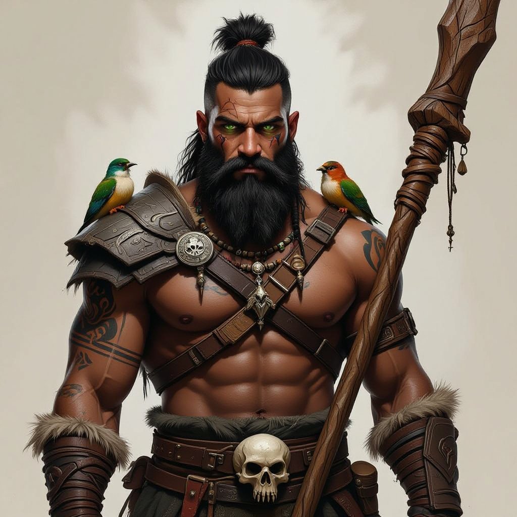 Kael the Beastbound – A rugged, broad-shouldered man with black skin and a rough beard, wearing armor made from bone and leather. deep green eyes tattoos of animal tracks spiral down his arms. He carries a massive wooden staff carved with the shapes of beasts, and small creatures often perch on his shoulders or follow at his feet.