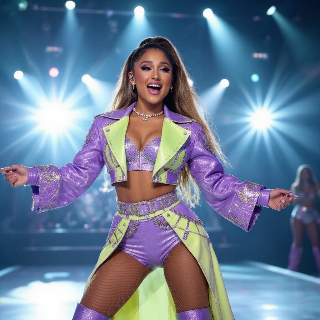 Ariana Grande in a purple and light yellow stage outfit 