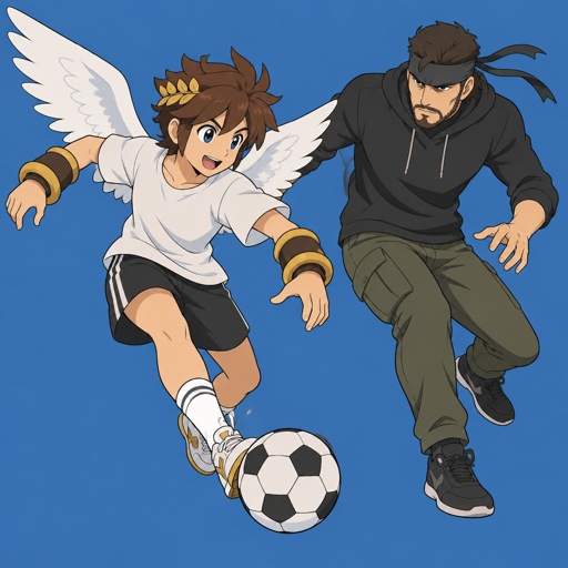 Pit from kid icarus wearing casual clothes,playing football,with solid snake from super smash bros 