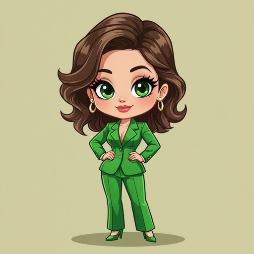 Create a chibi character mid 30’s lady who is in a suite with hands on waste