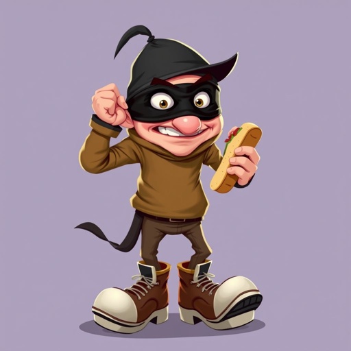 Create a funny looking clumsy thief with funny shoes on. Make him have on the bandit black thing around his eyes. And wanted for stealing sandwiches 