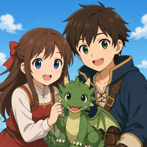Mädchen und junge mit einem grünen Drachen 