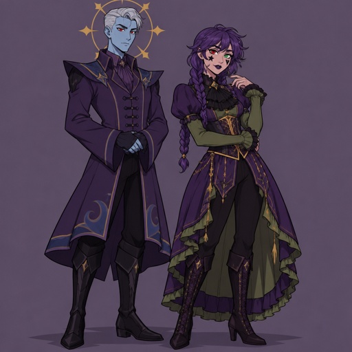 Male, short brushed slick back silver hair pointy, slick brushed back hair, light blue skin, completely full red eyes, halo of gold stars surrounding head, purple long coat buttoned up, purple shirt and collar, shirt sleeves over palms, tall boots, black pants, blue details on clothes, pointy shoulder pads dark purple, Female, purple braids, messy bangs, one red eye the other green, black triangle under eyes, stars on face, dark purple lipstick,  purple dress with a short front, puffy short sleeve, gold corset, long green sleeves, green details on clothes, stars on top, ruffled collar, black pants