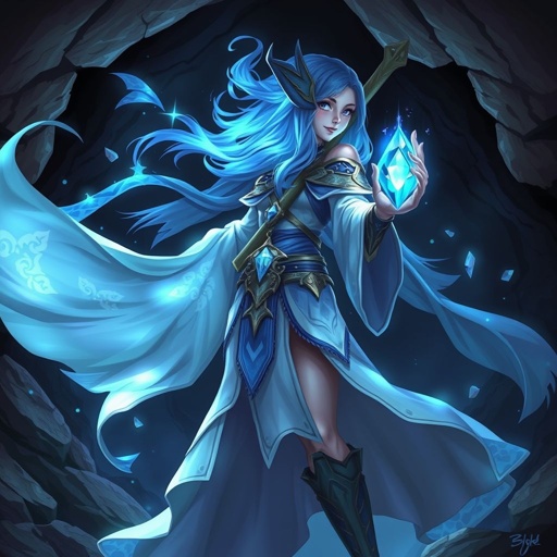 Sparkling magical blue gem floating in a cave