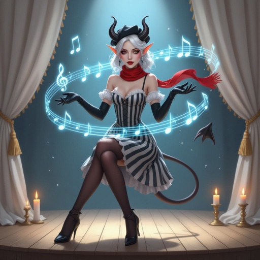 The image depicts a semi-realistic fantasy character performing on a softly lit stage. She’s a tiefling — a humanoid figure with small curved horns, pointed ears, and a slender tail tipped in dark red and black. Her skin is porcelain-pale, and her long silver-white hair flows past her shoulders beneath a black beret.  She wears a whimsical mime-inspired outfit: a sleeveless black and deep-red striped dress with suspenders, matching thigh-high stockings, and long gloves in the same pattern. A bright red neck scarf provides contrast, and her makeup exaggerates her expressive features — dark eyeshadow, vertical lines beneath her eyes, and small red lips parted in mid-song or gasp.  Around her, faint glowing blue musical notes spiral through the air, suggesting she’s singing or casting a magical performance. The background shows a wooden stage framed by ivory curtains and soft candlelight, giving the entire scene a theatrical, vintage cabaret atmosphere.  The overall mood blends elegance, whimsy, and a hint of melancholy — as if this performer’s music carries both laughter and longing.