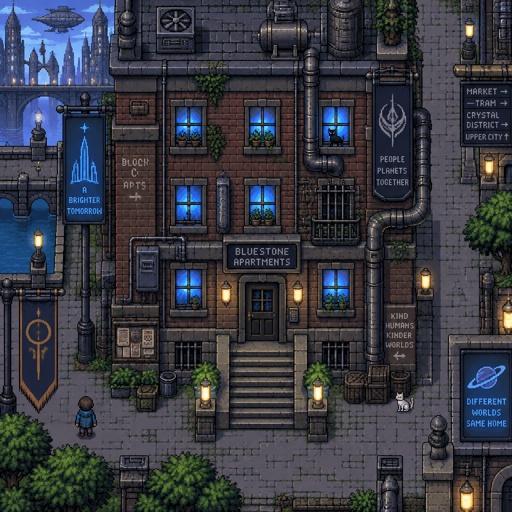 Old Apartment full building, for a futuristic fantasy city game, exterior, top down style