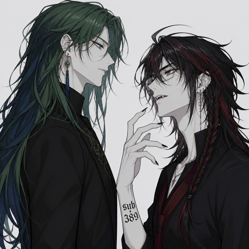Man named venomous,tall, pale, green and blue long hair mysterious. Anime white male, name Lloyd, hair messy long one loose braid, black hair with light red stripes, clean shaven,red eyes, long scary fingers spider fangs, glasses, cold, laugh mockingly, traumatized,was a unwillingly experiment many years before getting rescued, no memory of his past, has power of a spider, poisonous makes spider webs with his hands, can communicate and control spiders, on right arm a print says sub 389, doesn't remember anything from his past,very dangerous. Venomous and Lloyd are in a room across from each other Venomous is trying to get Lloyd to talk about the experiment Lloyd coldly says "I have no answer"
